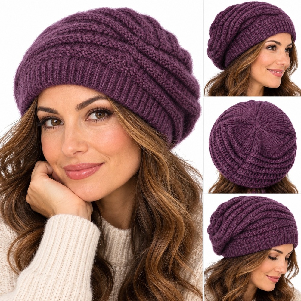 Angora Blend Beret Hat Women OS Purple Ribbed Knit Swirl Fuzzy Slouchy Beanie